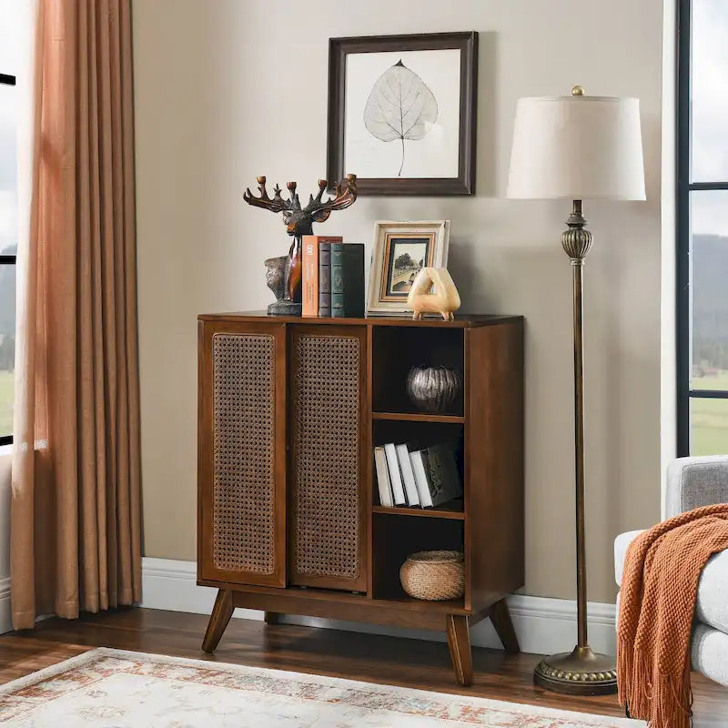 Mid Century Modern Rattan Sideboard Cabinet, Buffet Cabinet, Adjustable Shelf & Solid Wood Feet & Rattan Cabinet Doors