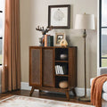 Mid Century Modern Rattan Sideboard Cabinet, Buffet Cabinet, Adjustable Shelf & Solid Wood Feet & Rattan Cabinet Doors