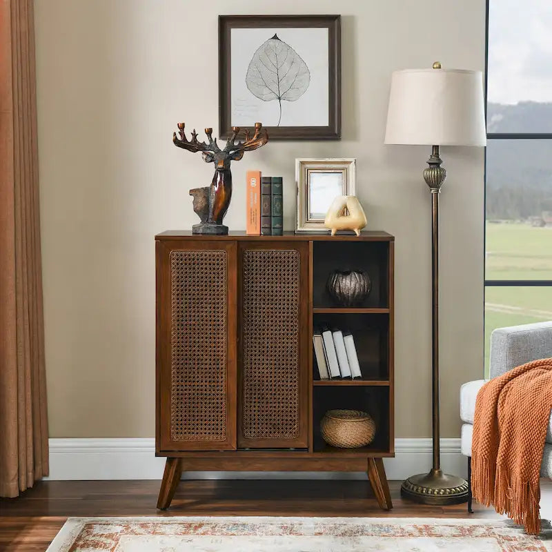 Mid Century Modern Rattan Sideboard Cabinet, Buffet Cabinet, Adjustable Shelf & Solid Wood Feet & Rattan Cabinet Doors