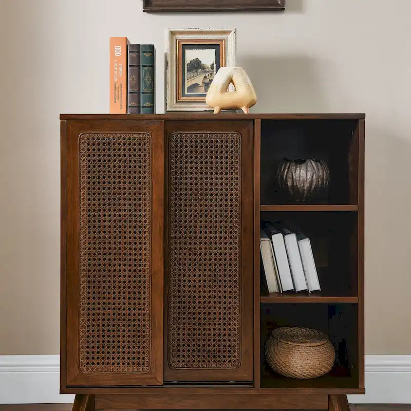 Mid Century Modern Rattan Sideboard Cabinet, Buffet Cabinet, Adjustable Shelf & Solid Wood Feet & Rattan Cabinet Doors