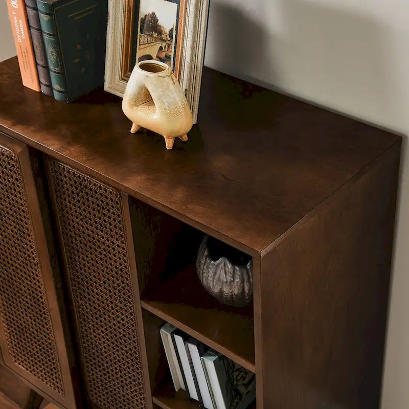 Mid Century Modern Rattan Sideboard Cabinet, Buffet Cabinet, Adjustable Shelf & Solid Wood Feet & Rattan Cabinet Doors