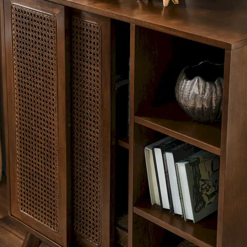 Mid Century Modern Rattan Sideboard Cabinet, Buffet Cabinet, Adjustable Shelf & Solid Wood Feet & Rattan Cabinet Doors