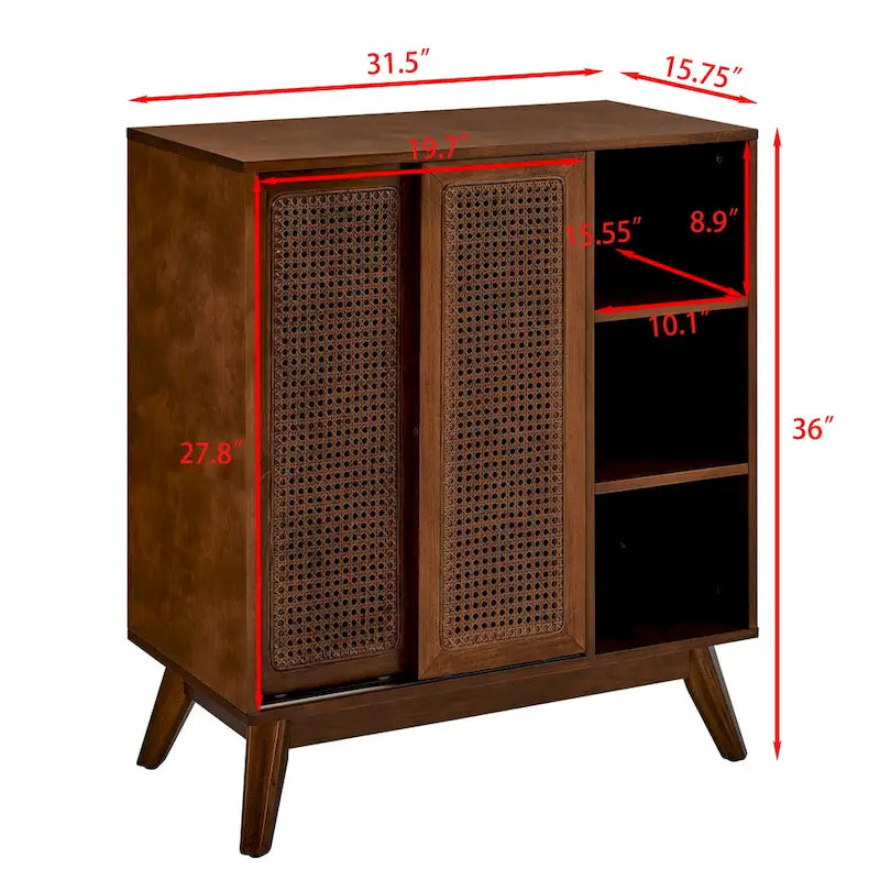 Mid Century Modern Rattan Sideboard Cabinet, Buffet Cabinet, Adjustable Shelf & Solid Wood Feet & Rattan Cabinet Doors