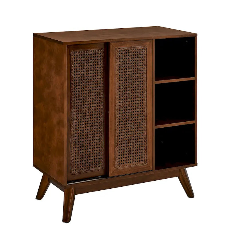 Mid Century Modern Rattan Sideboard Cabinet, Buffet Cabinet, Adjustable Shelf & Solid Wood Feet & Rattan Cabinet Doors