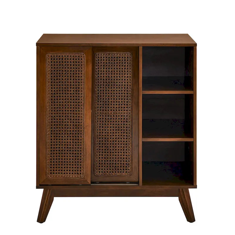 Mid Century Modern Rattan Sideboard Cabinet, Buffet Cabinet, Adjustable Shelf & Solid Wood Feet & Rattan Cabinet Doors