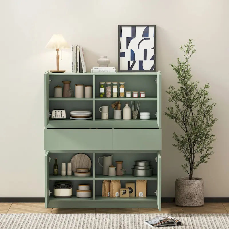 Green Wooden Storage Cabinet with 4 Doors and 2 Drawers