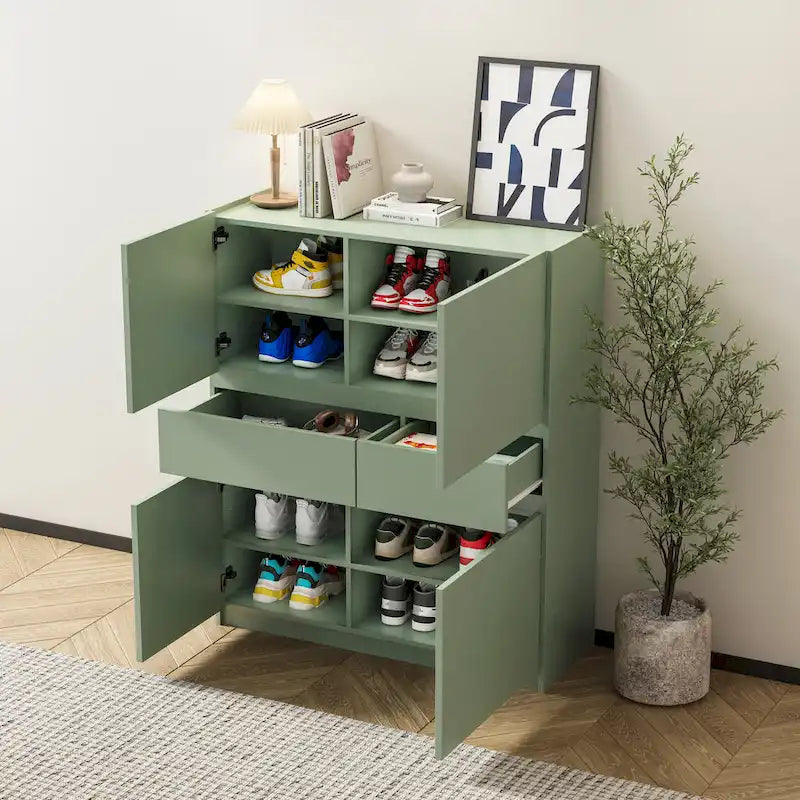 Green Wooden Storage Cabinet with 4 Doors and 2 Drawers