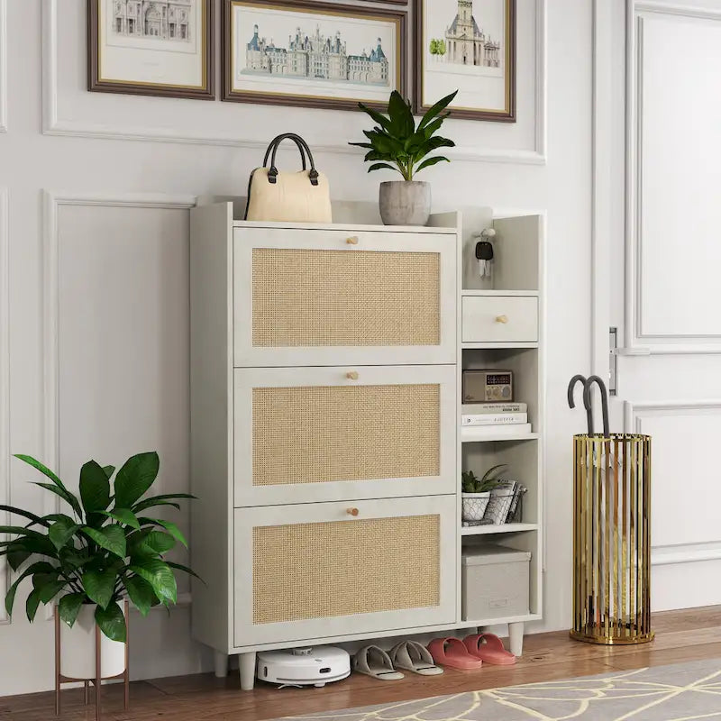 Bohemia Style Shoe Cabinet, Shoe Rack Cabinet with 3 Rattan Flip Drawers,3 Square Shelves and 1 Storage Drawer