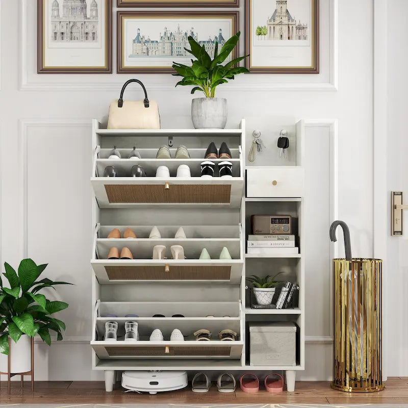 Bohemia Style Shoe Cabinet, Shoe Rack Cabinet with 3 Rattan Flip Drawers,3 Square Shelves and 1 Storage Drawer