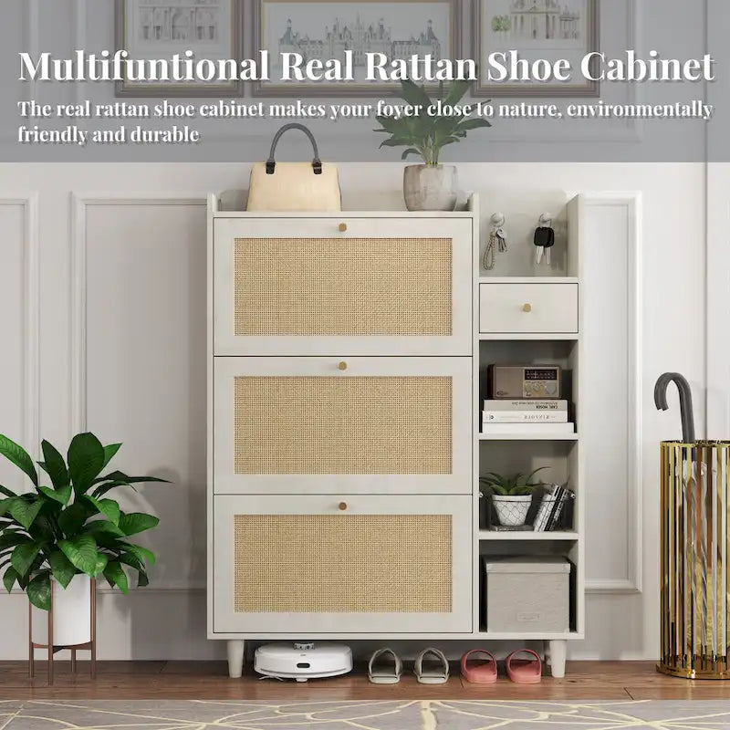 Bohemia Style Shoe Cabinet, Shoe Rack Cabinet with 3 Rattan Flip Drawers,3 Square Shelves and 1 Storage Drawer