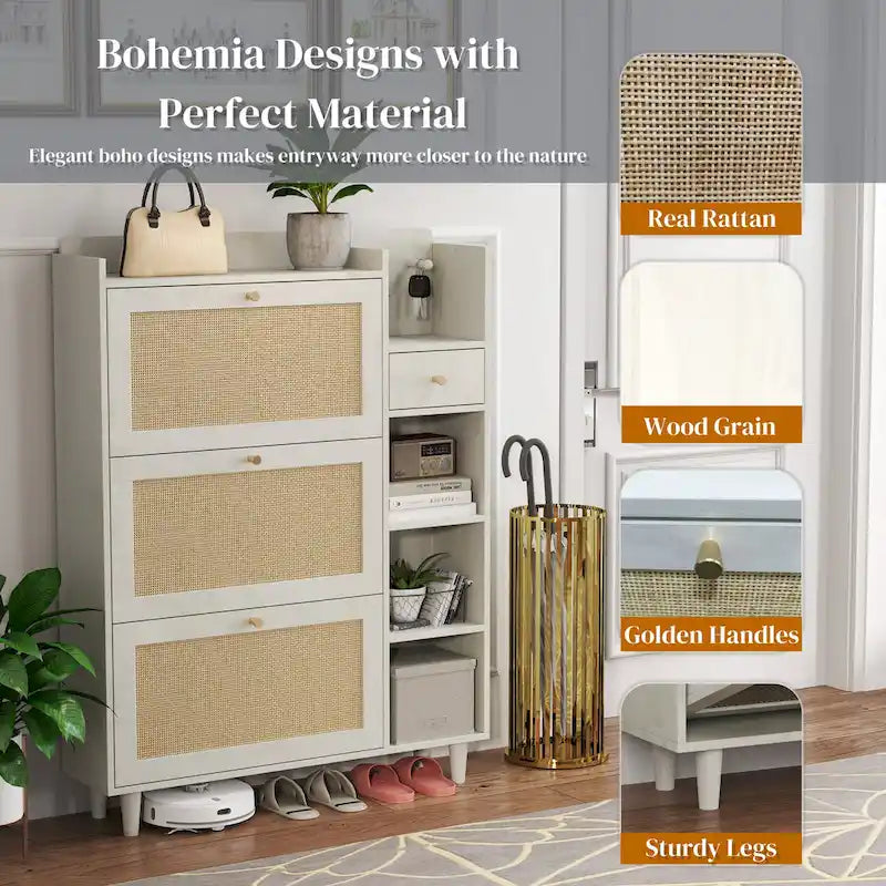 Bohemia Style Shoe Cabinet, Shoe Rack Cabinet with 3 Rattan Flip Drawers,3 Square Shelves and 1 Storage Drawer