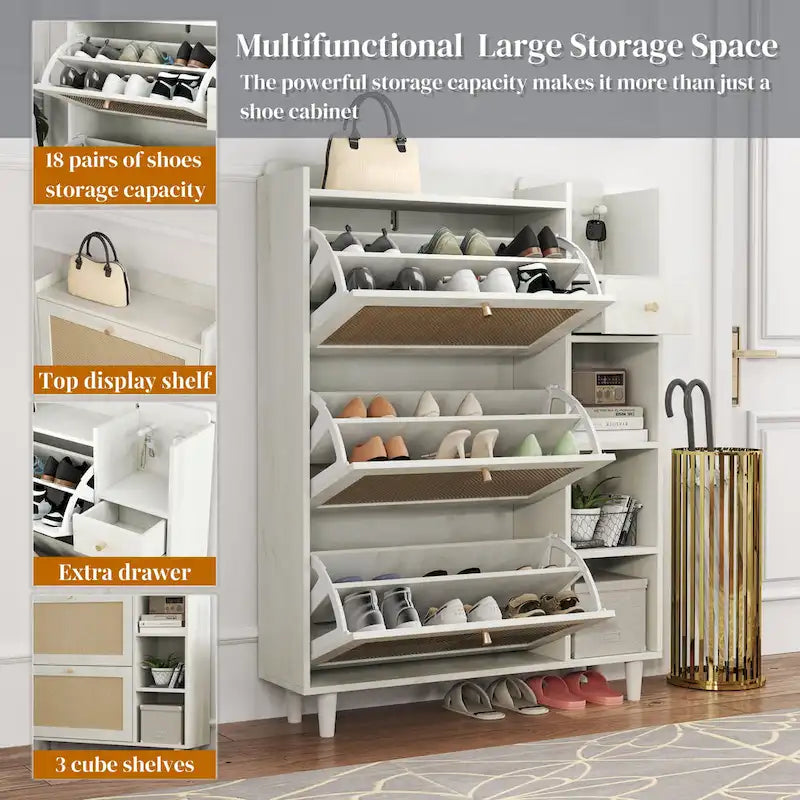 Bohemia Style Shoe Cabinet, Shoe Rack Cabinet with 3 Rattan Flip Drawers,3 Square Shelves and 1 Storage Drawer