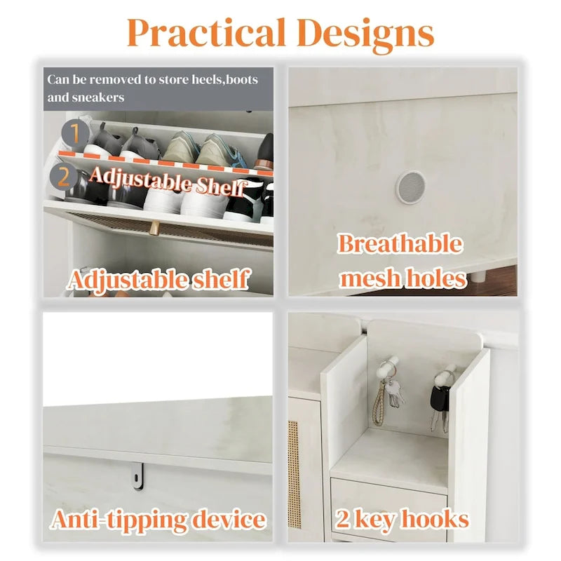 Bohemia Style Shoe Cabinet, Shoe Rack Cabinet with 3 Rattan Flip Drawers,3 Square Shelves and 1 Storage Drawer