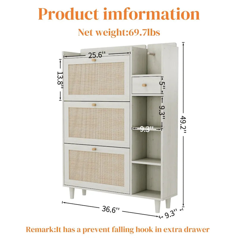 Bohemia Style Shoe Cabinet, Shoe Rack Cabinet with 3 Rattan Flip Drawers,3 Square Shelves and 1 Storage Drawer