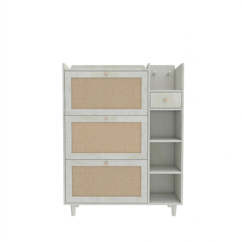 Bohemia Style Shoe Cabinet, Shoe Rack Cabinet with 3 Rattan Flip Drawers,3 Square Shelves and 1 Storage Drawer