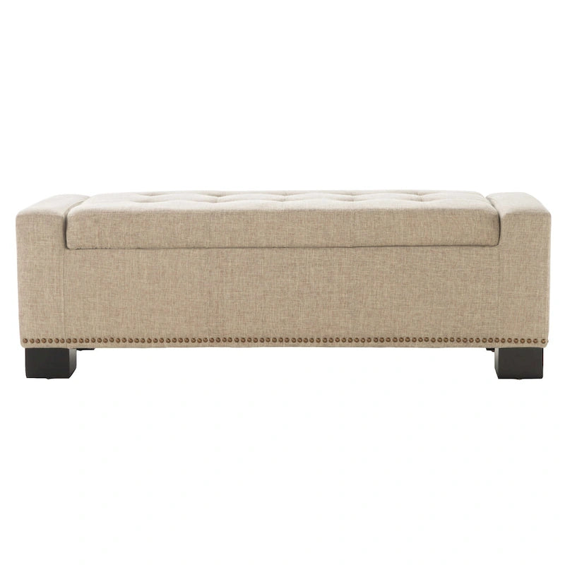 Abigail Storage Ottoman Bench, Nailhead Trim, Wheat Fabric, 51 Inch