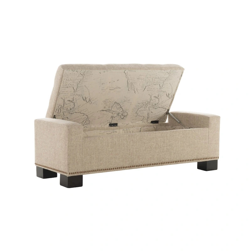 Abigail Storage Ottoman Bench, Nailhead Trim, Wheat Fabric, 51 Inch