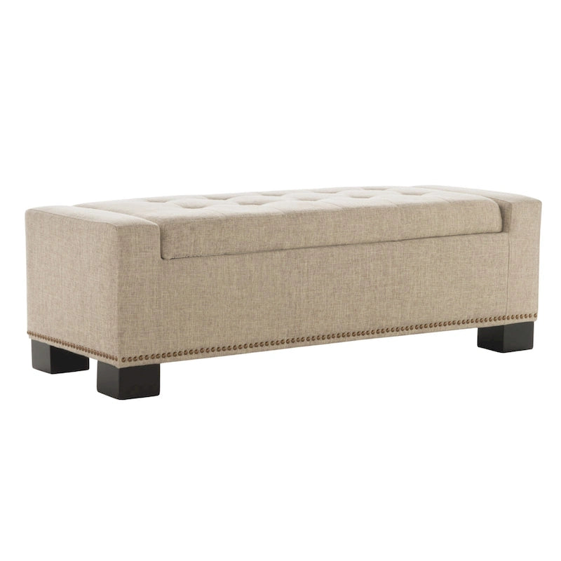 Abigail Storage Ottoman Bench, Nailhead Trim, Wheat Fabric, 51 Inch