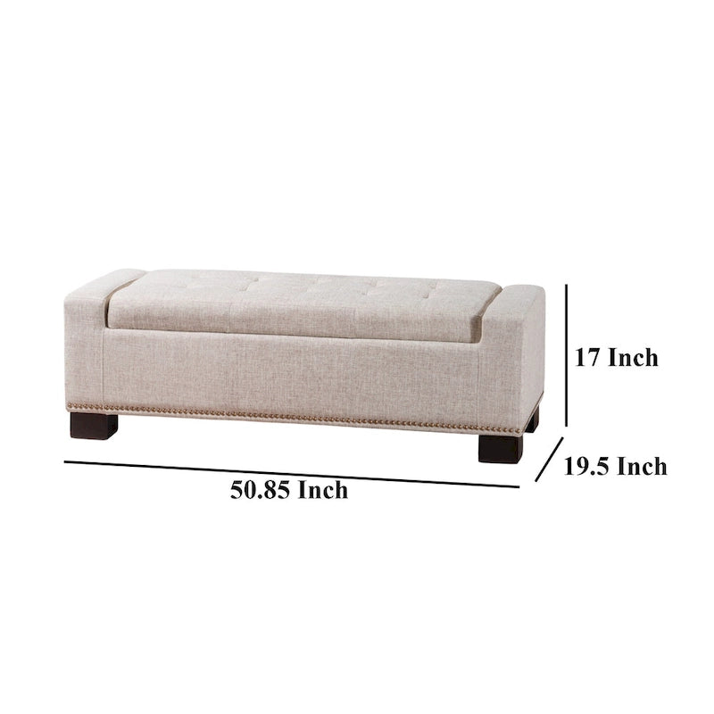 Abigail Storage Ottoman Bench, Nailhead Trim, Wheat Fabric, 51 Inch