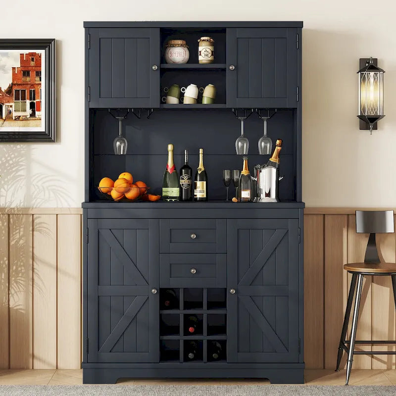 Coffee Bar Cabinet with Drawers, Freestanding Kitchen Pantry with Shelves and Cabinets, Buffet Cabinet with Glass Racks