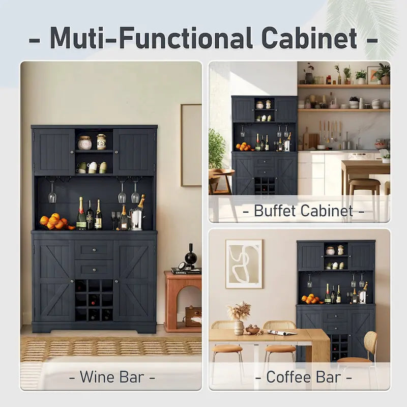Coffee Bar Cabinet with Drawers, Freestanding Kitchen Pantry with Shelves and Cabinets, Buffet Cabinet with Glass Racks