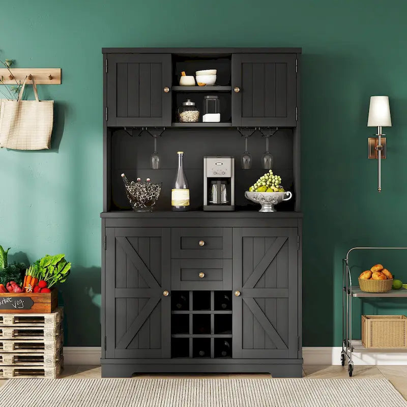 Coffee Bar Cabinet with Drawers, Freestanding Kitchen Pantry with Shelves and Cabinets, Buffet Cabinet with Glass Racks