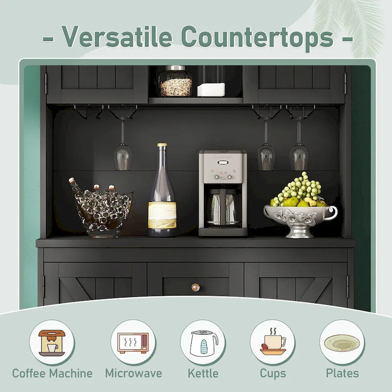 Coffee Bar Cabinet with Drawers, Freestanding Kitchen Pantry with Shelves and Cabinets, Buffet Cabinet with Glass Racks