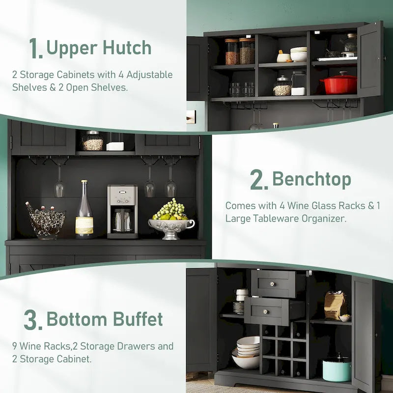 Coffee Bar Cabinet with Drawers, Freestanding Kitchen Pantry with Shelves and Cabinets, Buffet Cabinet with Glass Racks
