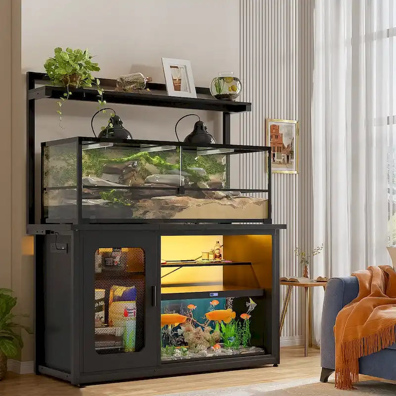 Heavy Duty Aquarium Stand with Reversible Cabinet, 55-75 Gallon Fish Tank Stand with Power Outlets & LED Light