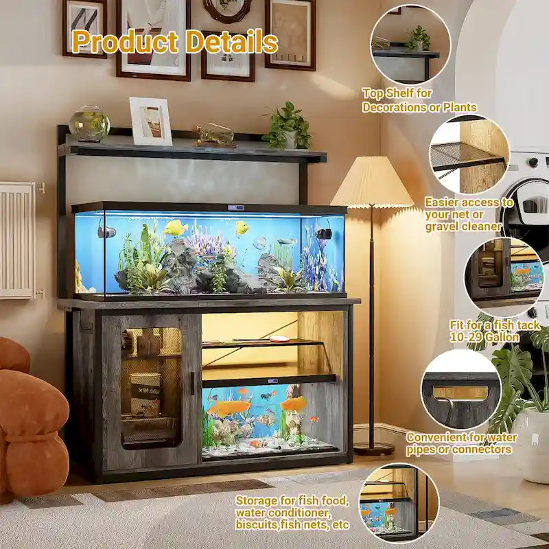 Heavy Duty Aquarium Stand with Reversible Cabinet, 55-75 Gallon Fish Tank Stand with Power Outlets & LED Light