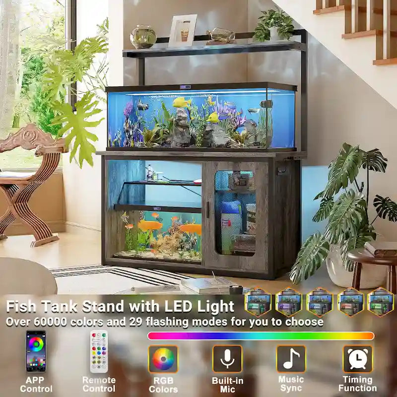 Heavy Duty Aquarium Stand with Reversible Cabinet, 55-75 Gallon Fish Tank Stand with Power Outlets & LED Light