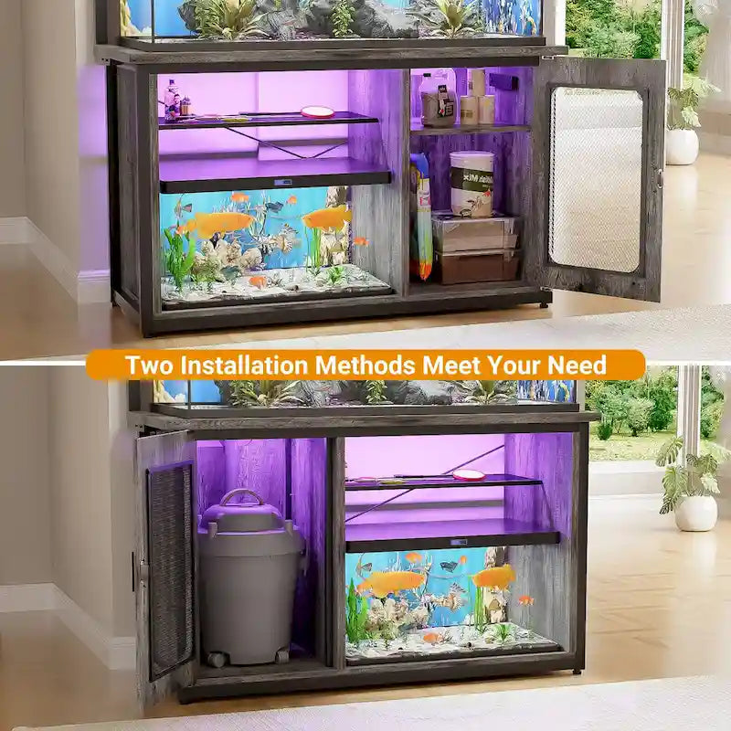 Heavy Duty Aquarium Stand with Reversible Cabinet, 55-75 Gallon Fish Tank Stand with Power Outlets & LED Light