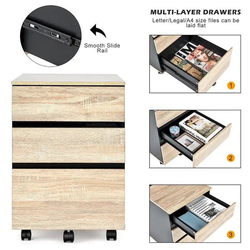 Costway 3-Drawer Mobile File Cabinet Vertical Filling Cabinet for Home