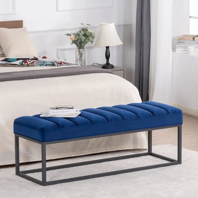 Metal Base Velvet Upholstered Bench for Bedroom Entryway