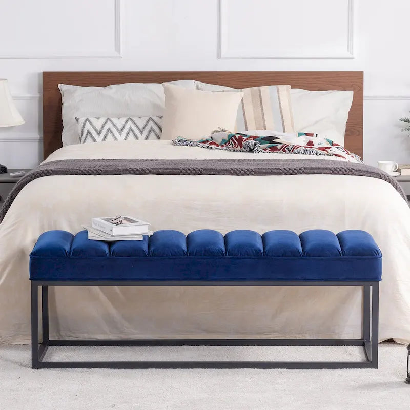 Metal Base Velvet Upholstered Bench for Bedroom Entryway