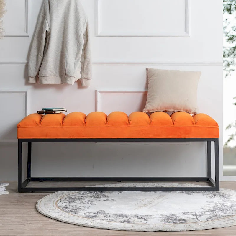 Metal Base Velvet Upholstered Bench for Bedroom Entryway