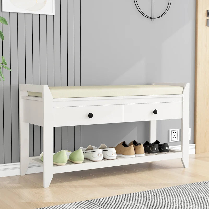 Étagère à chaussures multifonction avec assise rembourrée et tiroirs