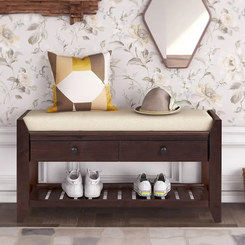 43 Entryway Storage Bench Shoe Rack with Cushioned Seat and Drawers