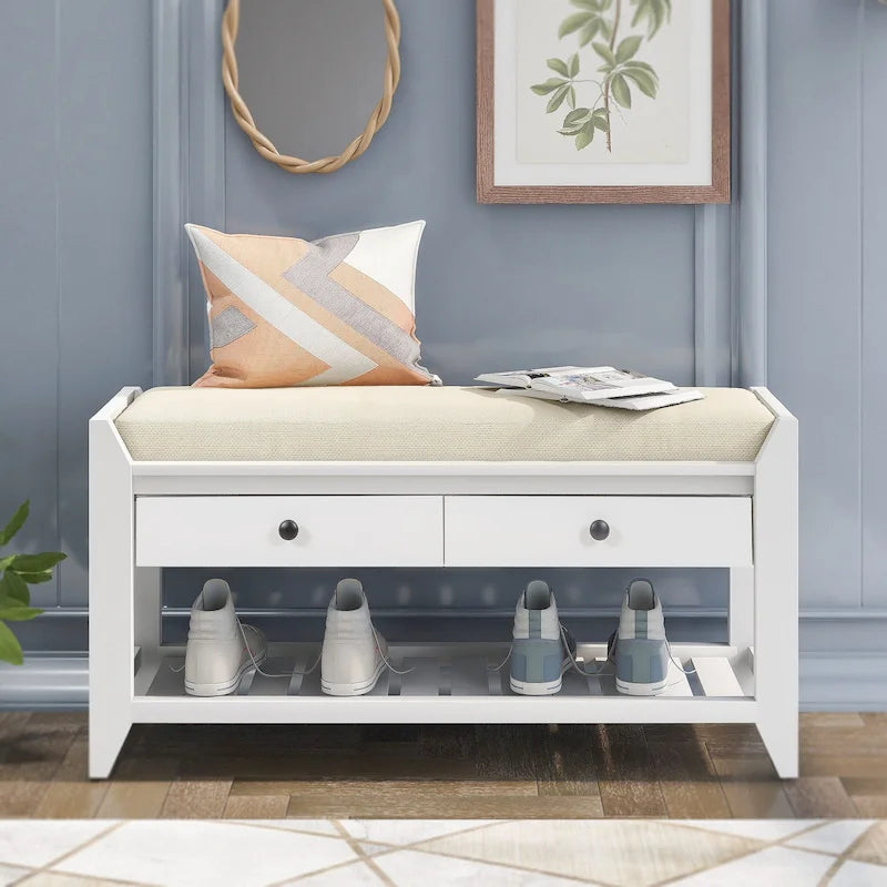 43 Entryway Storage Bench Shoe Rack with Cushioned Seat and Drawers