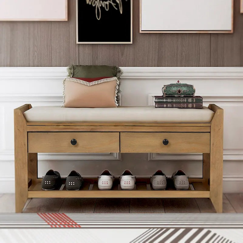 43 Entryway Storage Bench Shoe Rack with Cushioned Seat and Drawers