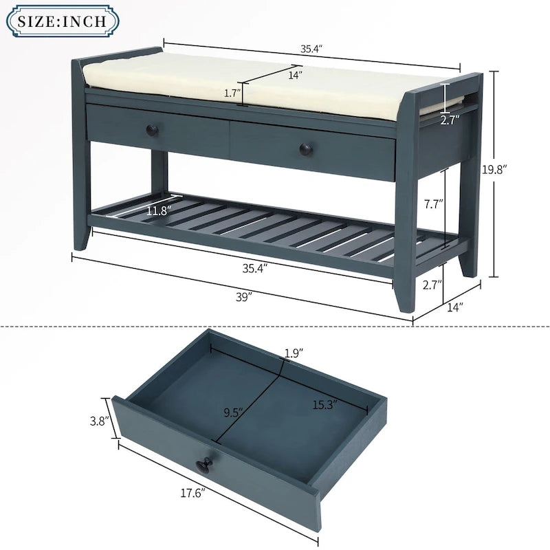 43 Entryway Storage Bench Shoe Rack with Cushioned Seat and Drawers