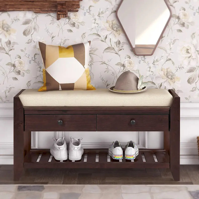43 Entryway Storage Bench Shoe Rack with Cushioned Seat and Drawers