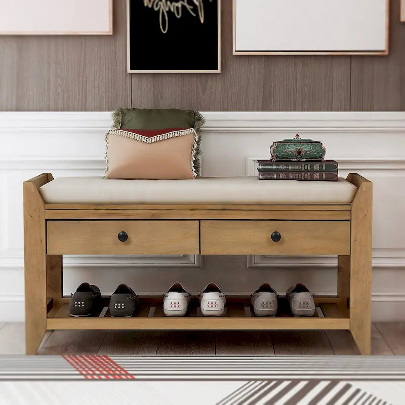 43 Entryway Storage Bench Shoe Rack with Cushioned Seat and Drawers
