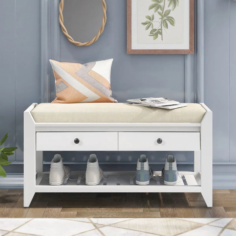 43 Entryway Storage Bench Shoe Rack with Cushioned Seat and Drawers