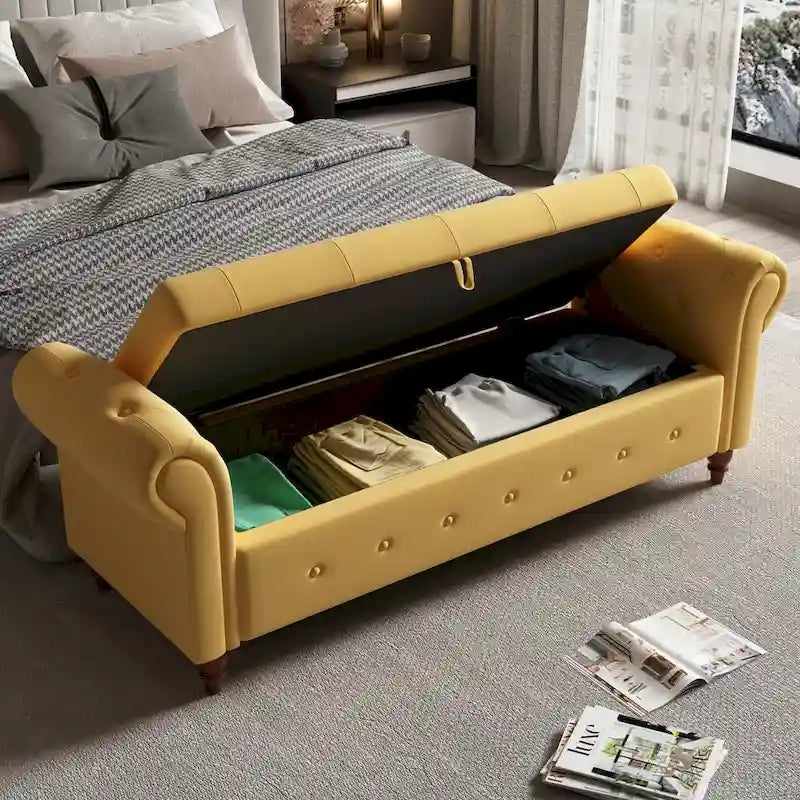 63 in. L Yellow Fabric Bed Storage Bench