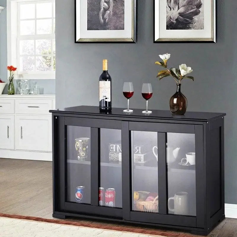 Black Sideboard Buffet Dining Storage Cabinet with 2 Glass Sliding Doors - 24.6 H x 41.9 W x 13 D