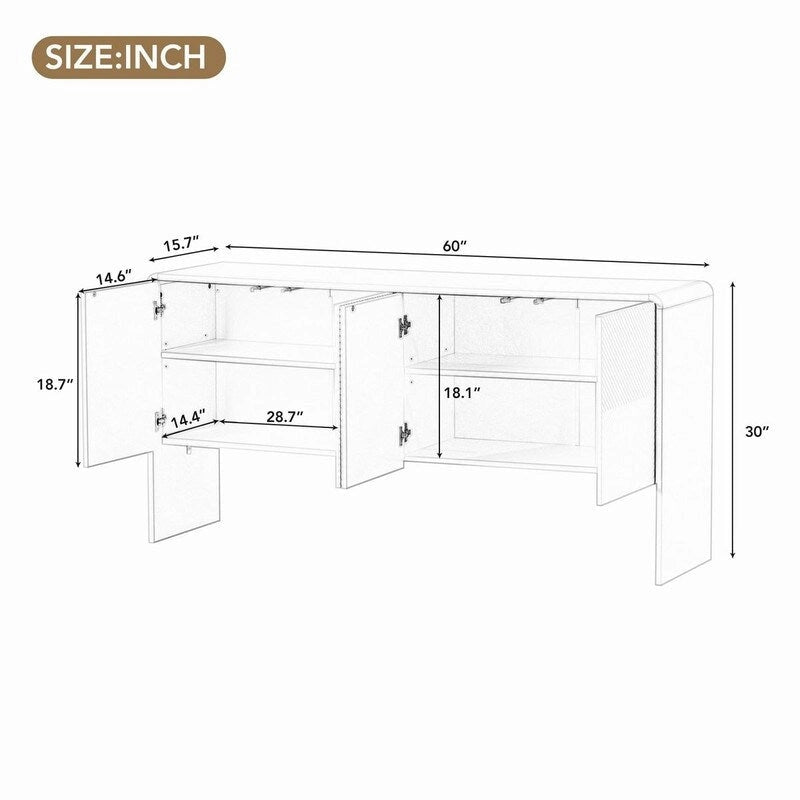 60L Large Storage Space Sideboard with 4 Doors - N/A