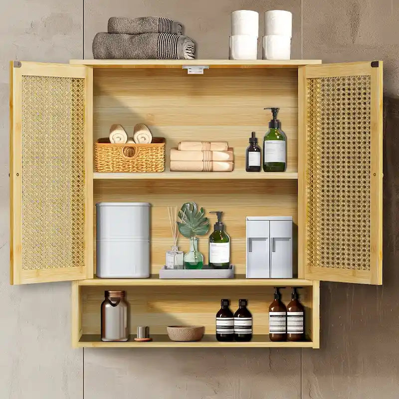 Bamboo Wall Mounted Cabinet Hanging Storage Cabinet with 3 Shelves