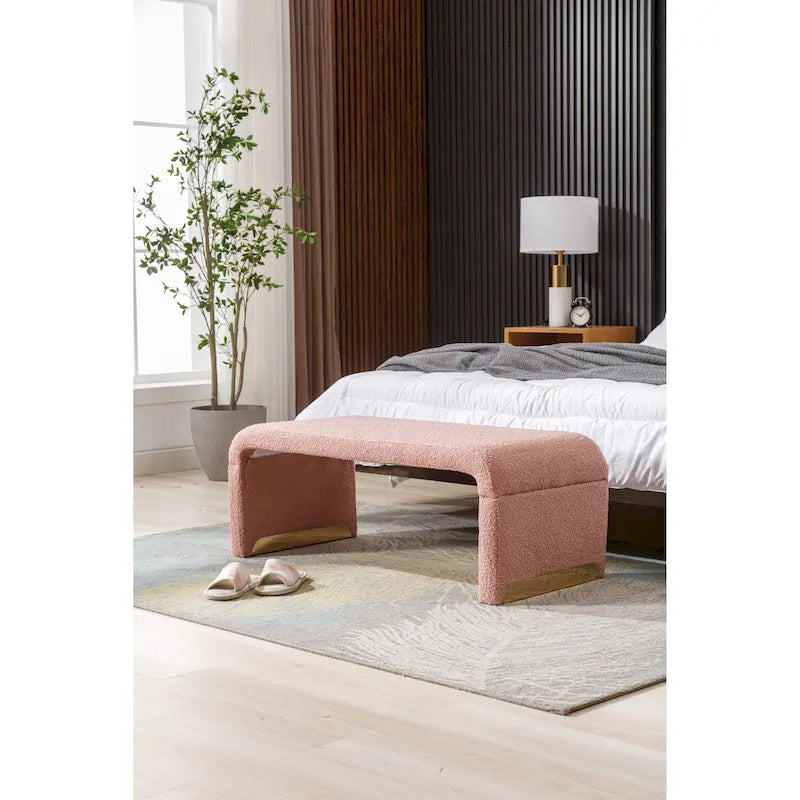 Boucle Fabric Ottoman Footstool Bedroom Bench with Gold Metal Legs