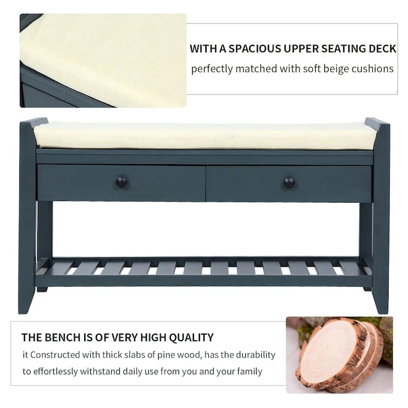 Modern Multipurpose Entryway Storage Bench With Upholstered Seat and Drawers